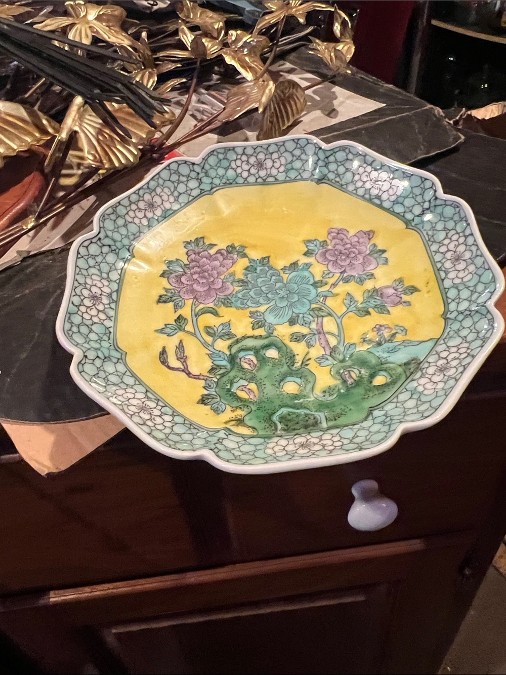 Vintage Decorative Floral Porcelain Bowl - Yellow, Green & Pink